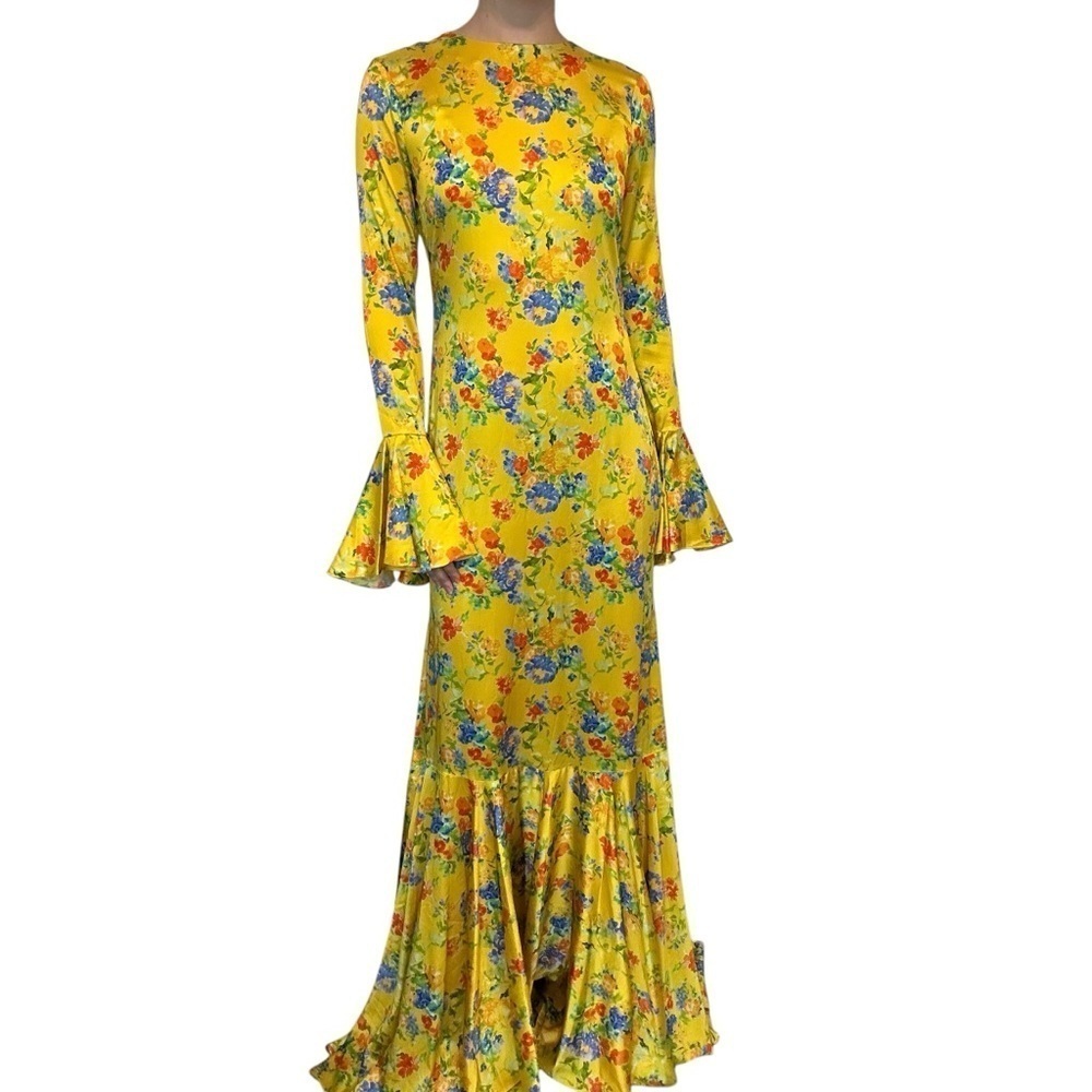 Caroline Constas Long Formal Gown Trumpet Silk Floral Boho Flare Size Large